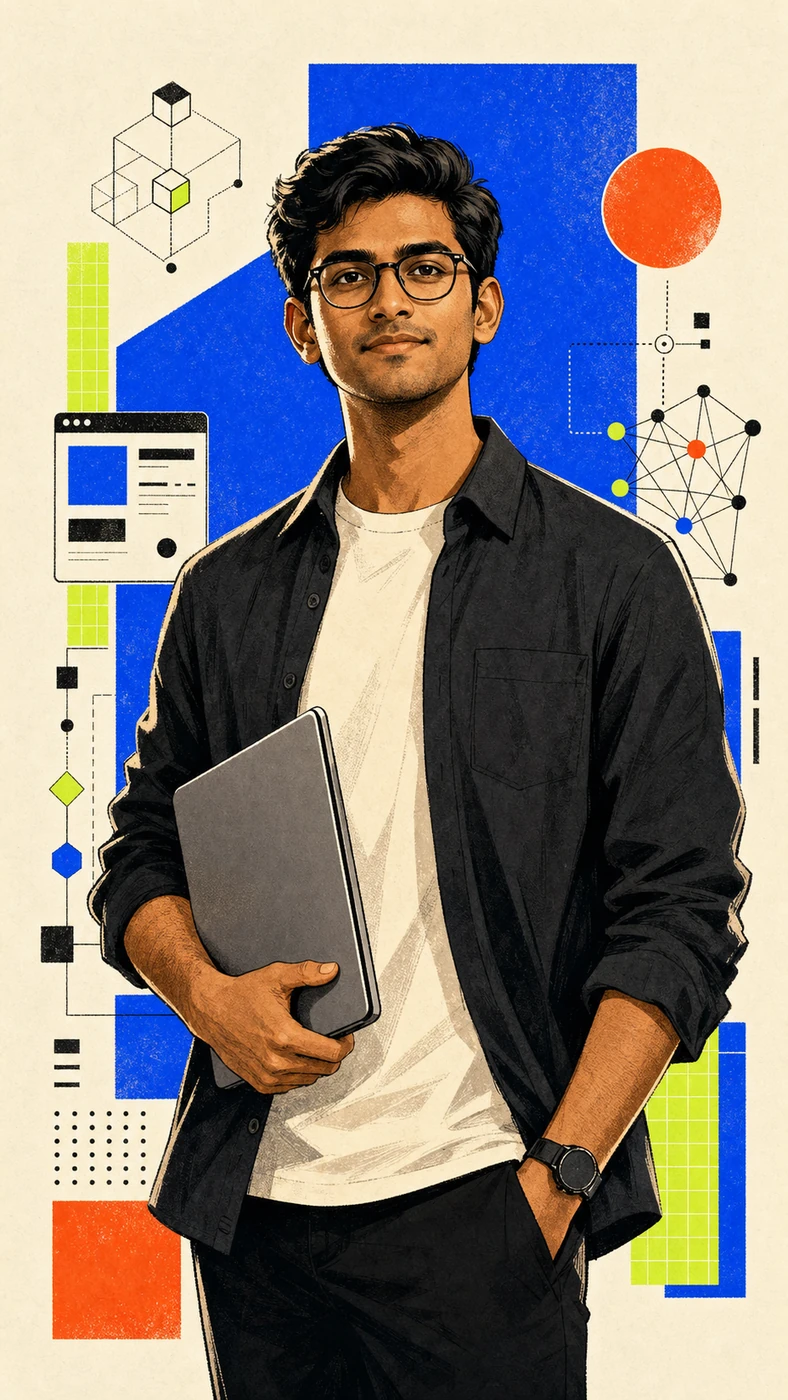 Editorial character illustration representing Abhideep Bonigala